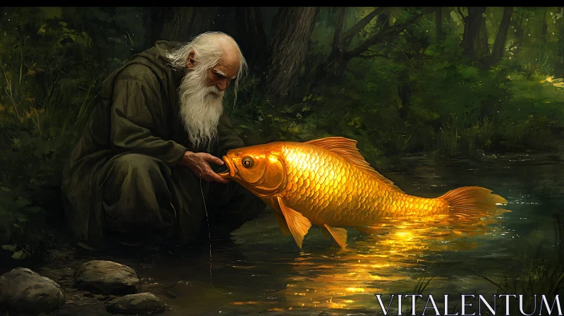 AI ART Golden Fish Encounter in Forest Stream