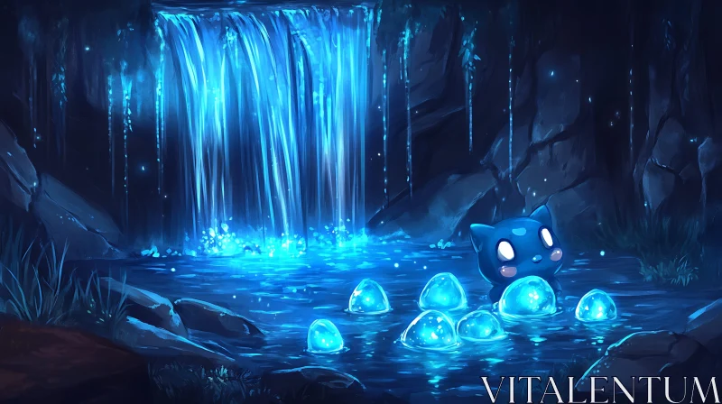 AI ART Blue Creature by the Waterfall