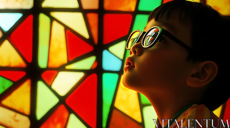 Boy with Glasses Looking at Colorful Window AI Image