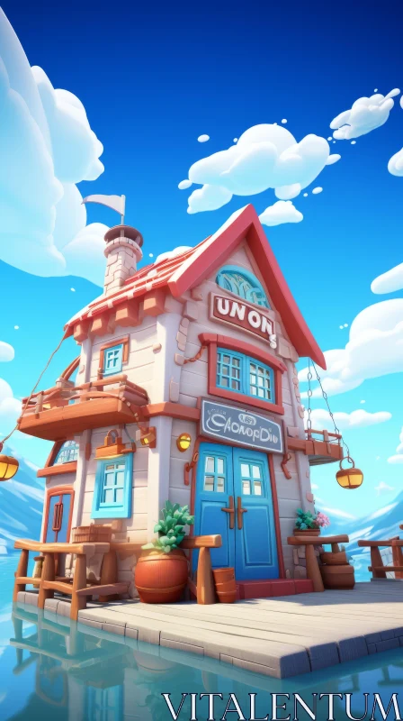 Enchanting Old Building on the Shore: A Whimsical Cartoon Set AI Image