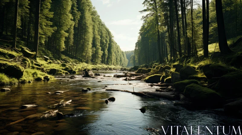 Enchanting River Amidst Woodland - A Photorealistic Representation AI Image