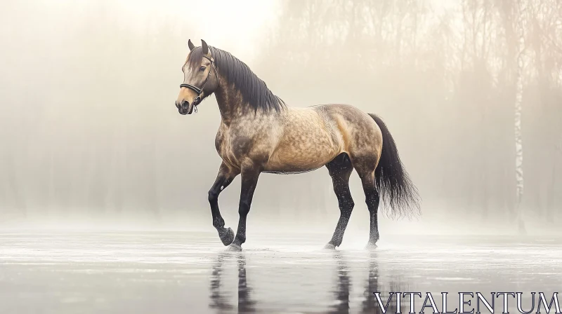 Elegant Horse and Its Reflection in Mist AI Image