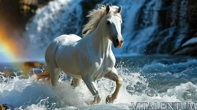 Galloping White Horse in a River | Majestic Nature Photography AI Image