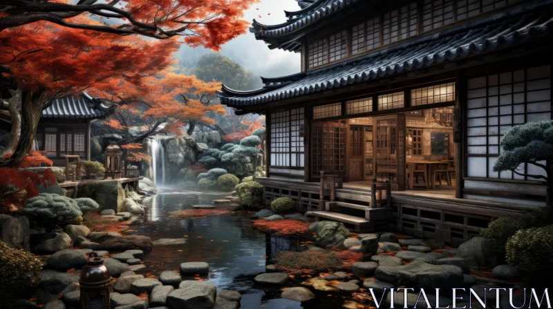 Japanese Autumn Riverside House - A Matte Painted Landscape AI Image
