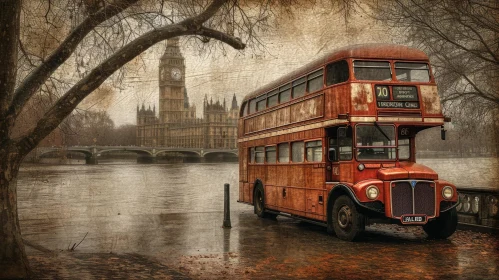 Muted Tones and Surrealism: Red Double Decker Bus by the River in London