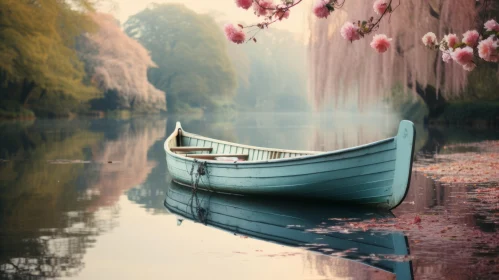 Romantic Lake Scene with Wooden Boat and Blossoming Trees