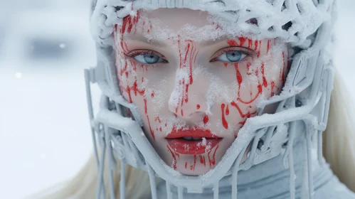 Snowy Surrealism: Girl in Crimson Amidst Winter's Fury