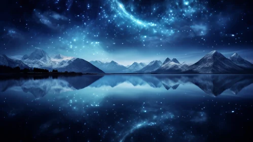 Starry Night Landscape: Calm Waters and Majestic Mountains