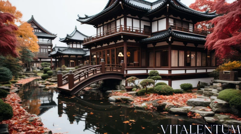 Timeless Artistry in Asian Architecture - An Elegant House Near a Serene Pond AI Image
