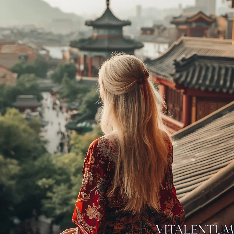 AI ART Blonde Woman in Kimono Gazing at Cityscape