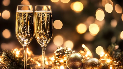 Festive Champagne Flutes with Bokeh Lights