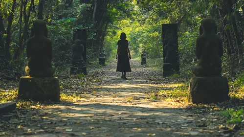 Woman Walking Forest Path Statues