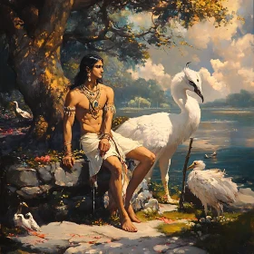 Man and Swans in Tranquil Nature