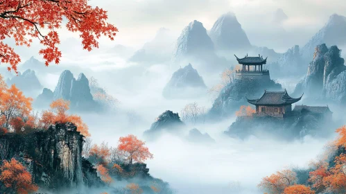 Foggy Asian Mountain Vista with Red Foliage