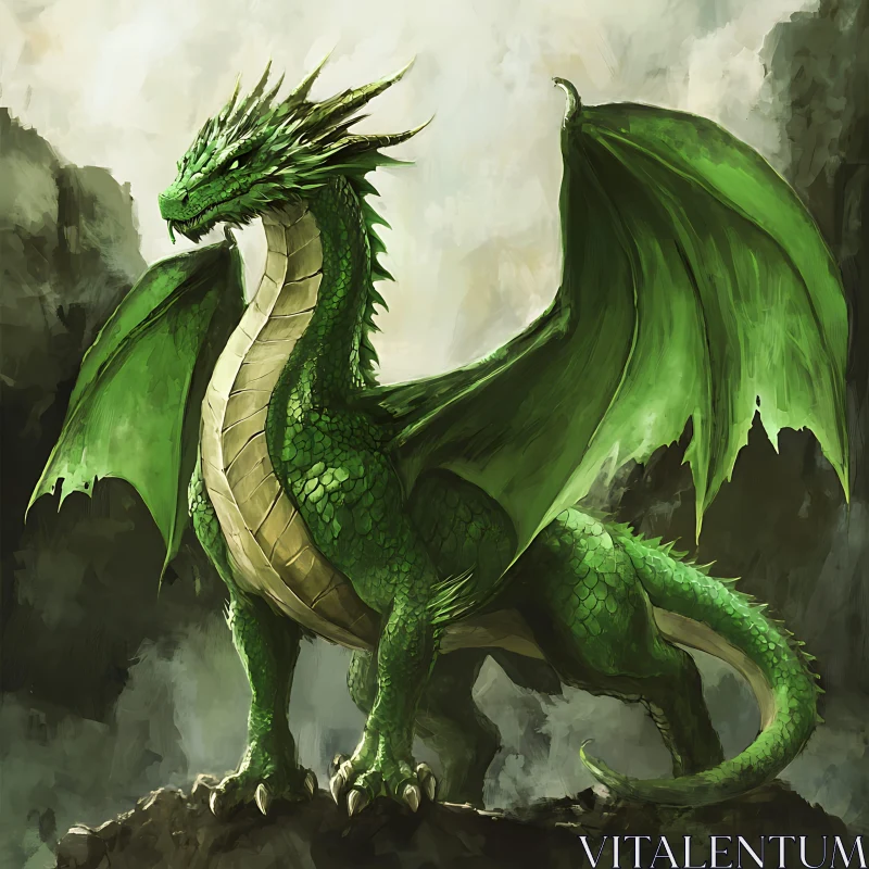 Verdant Dragon Perched on Stone AI Image