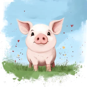 Delightful Cartoon Pig in a Pastoral Setting