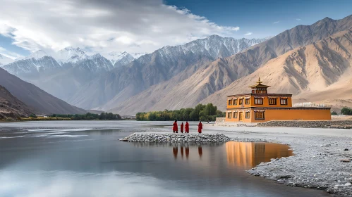 Riverside Monastery with Mountain Backdrop