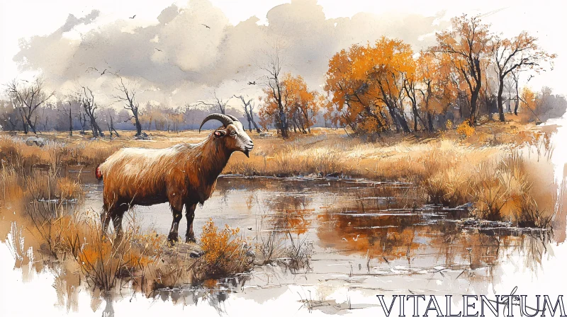 Rustic Autumn Landscape with Goat AI Image