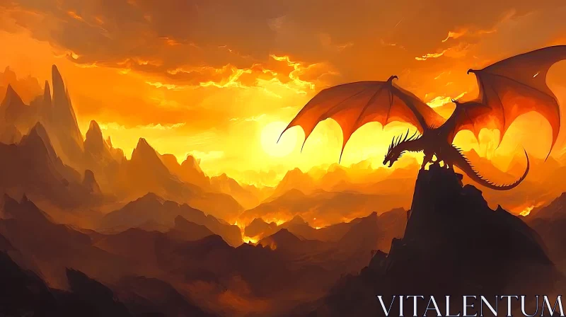 Dragon on Peak at Sunset AI Image