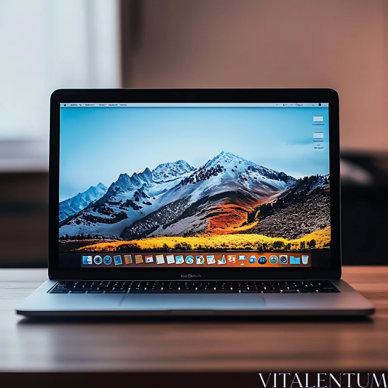 Laptop with Mountain Range Wallpaper on Desk AI Image