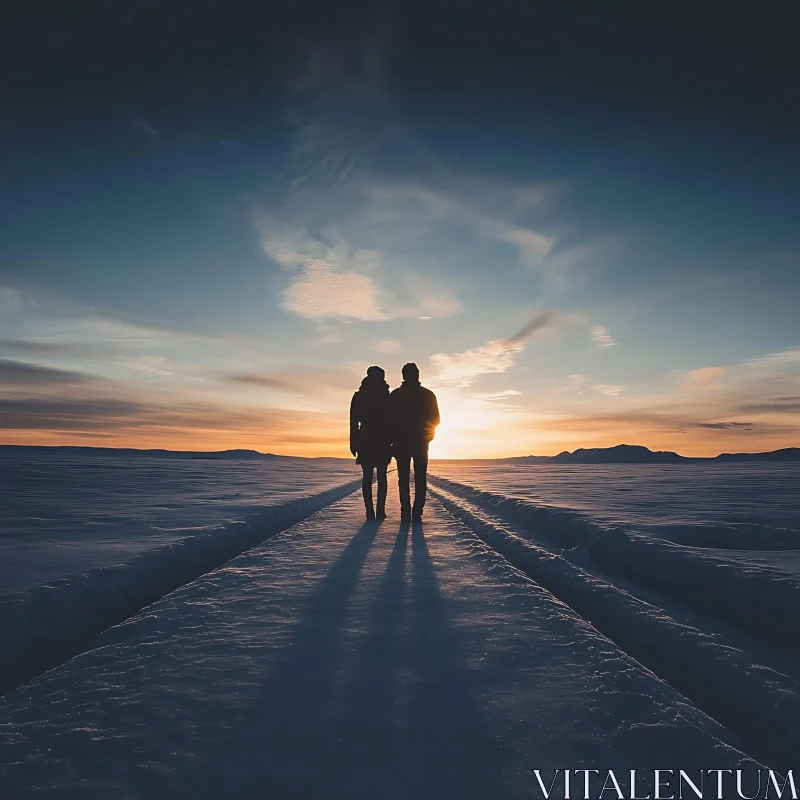 Silhouetted Couple on Snow at Sunset AI Image