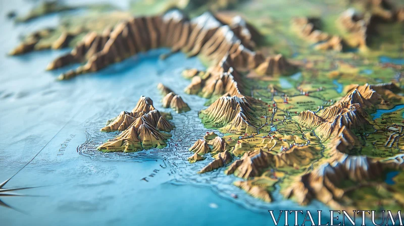 Sculpted Terrain Map with Ocean View AI Image