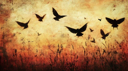 Sunset Flight of Birds Over Field