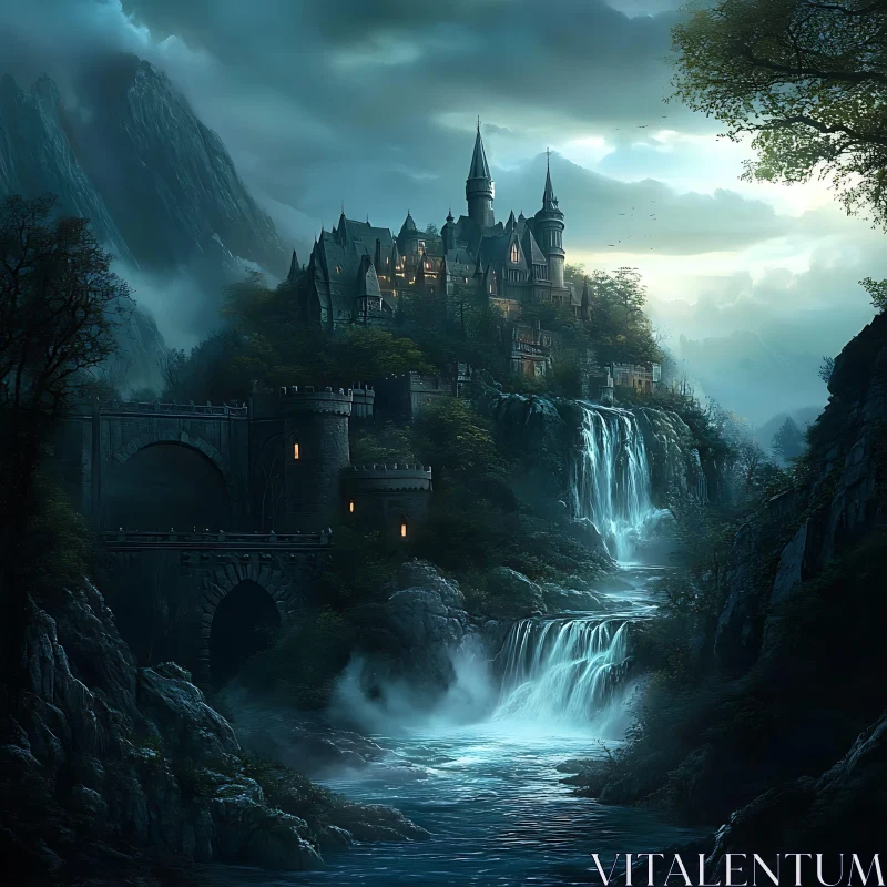 AI ART Enchanting Castle Vista with Waterfalls