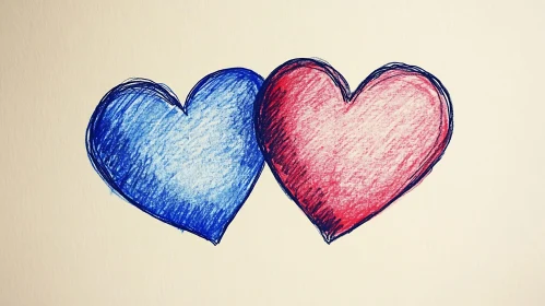 Red and Blue Hearts Drawn Together