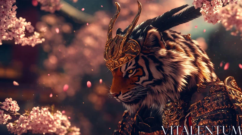 Armored Tiger Among Sakura Flowers AI Image