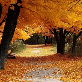 Autumnal Park Path with Yellow Leaves