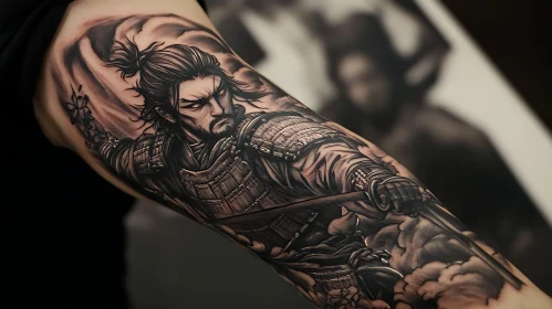 Monochrome Samurai Tattoo Art on Arm