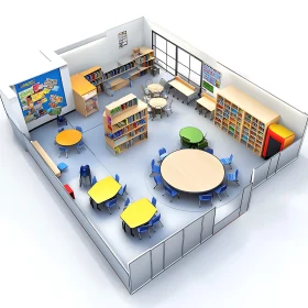 Classroom Interior with Bookshelves and Tables