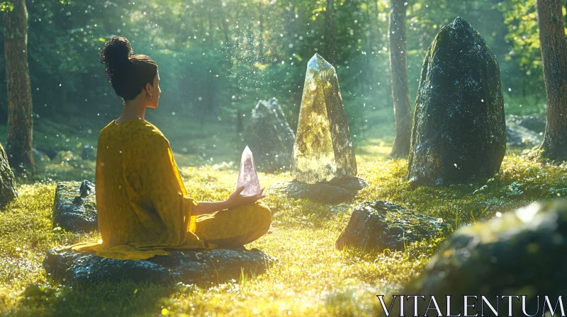 Woman Meditating with Crystal in Forest AI Image