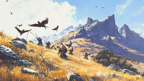 Mountainous Landscape with Warriors and Birds