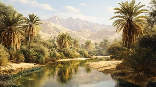 Serene Desert Oasis with Mountain Backdrop