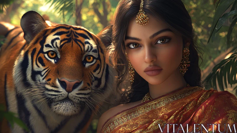 Portrait of Woman with Tiger AI Image