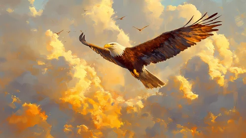 Eagle in Flight Amidst Golden Clouds