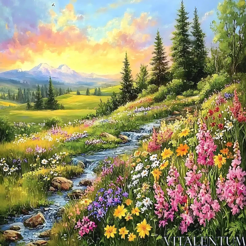 Idyllic Landscape with Stream and Wildflowers AI Image