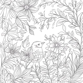 Bird Among Flowers Line Drawing