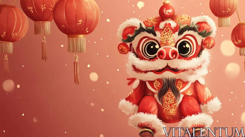 AI ART Red Lanterns and Lion Dance Figure