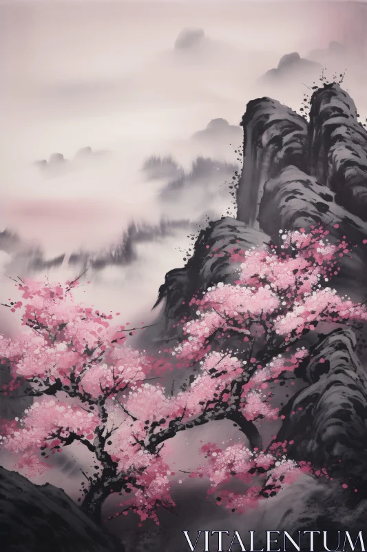 AI ART Pink Blossoms and Misty Mountains