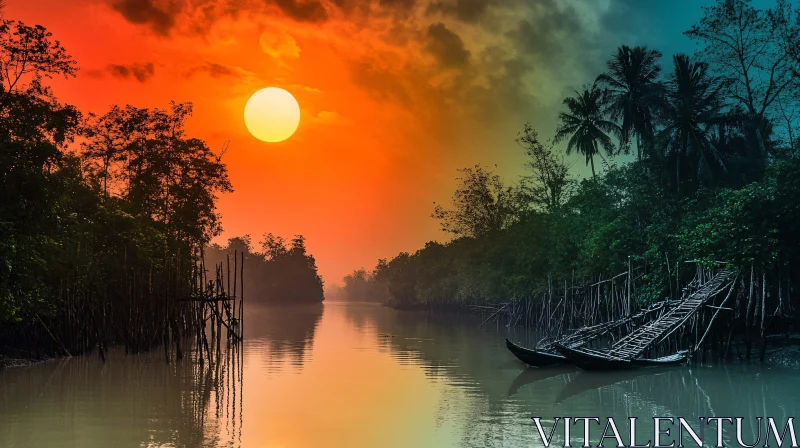 Sunset River Scene with Boats AI Image