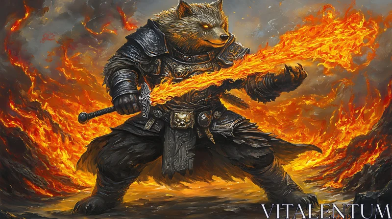 AI ART Armored Wolf Warrior with Flaming Sword