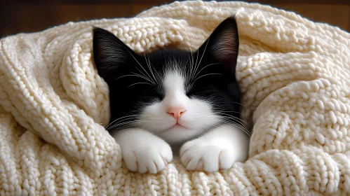 Sleeping Kitten Wrapped in Knitted Blanket