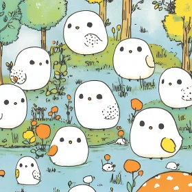 Cartoon Birds in a Forest Glade