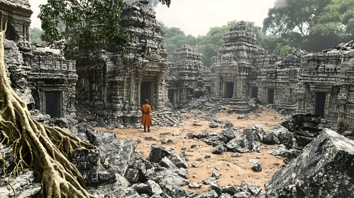 Ancient Temple Ruins with Monk