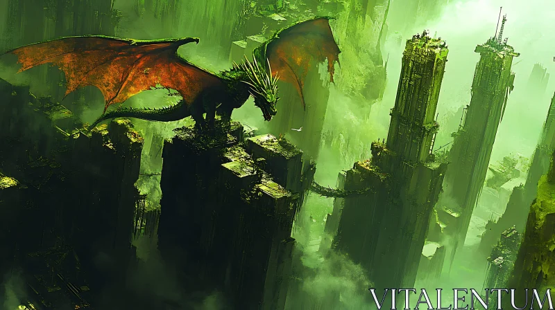 AI ART Fantasy Dragon in Overgrown Cityscape