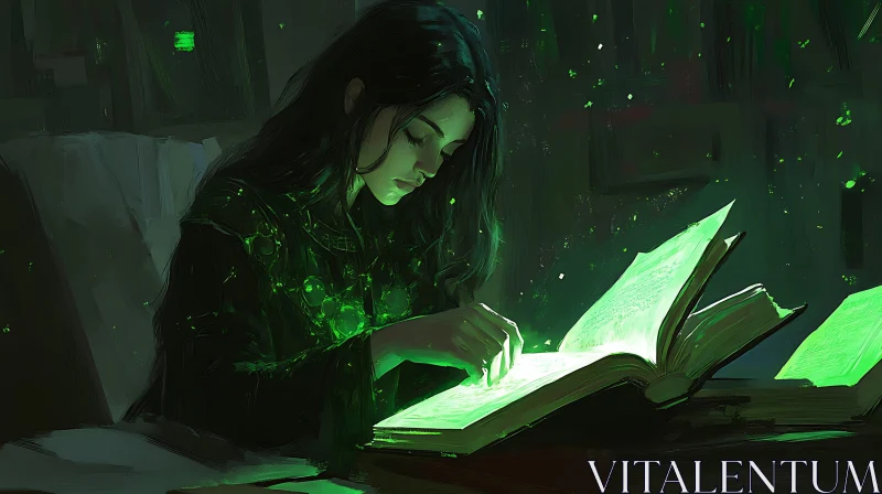 Woman Reading a Magical Glowing Book AI Image