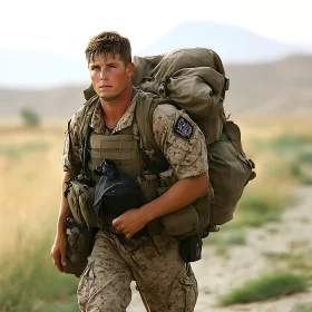 Military Man with Backpack in Desert